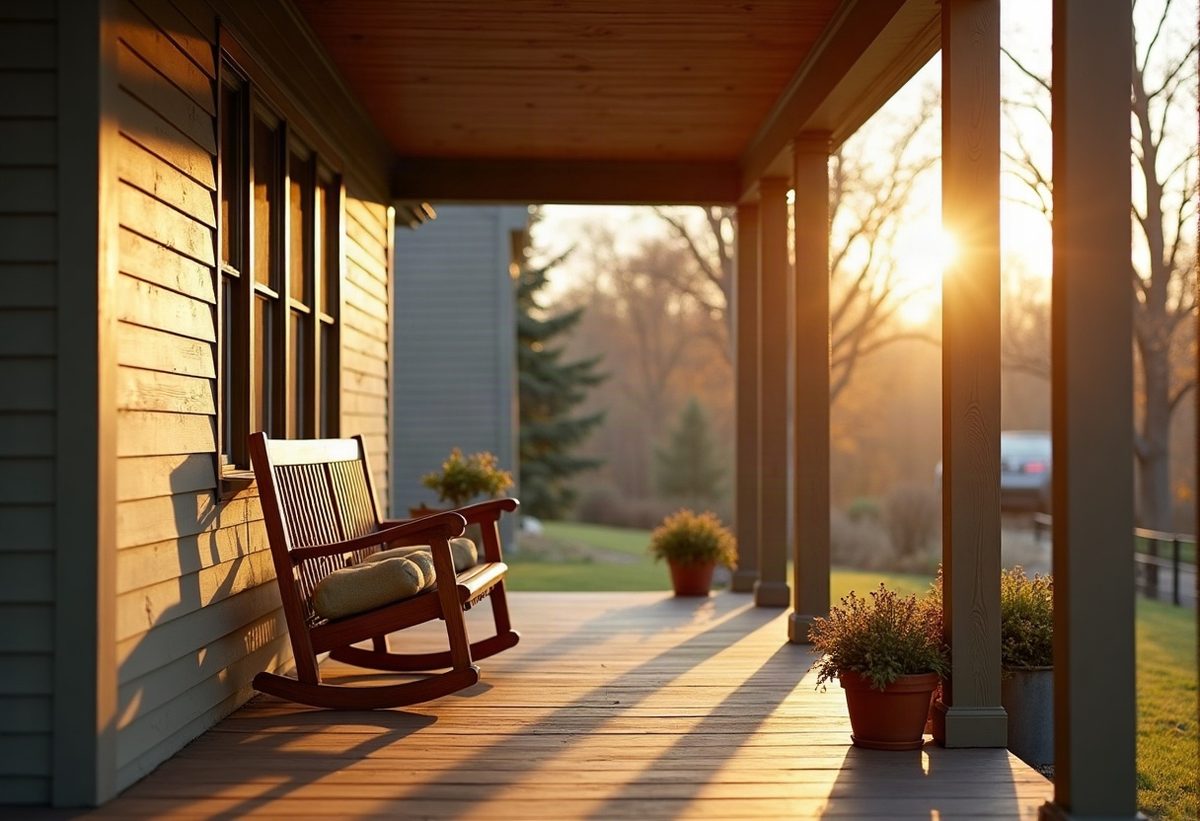 A quiet front porch with a rocking chair in warm evening light