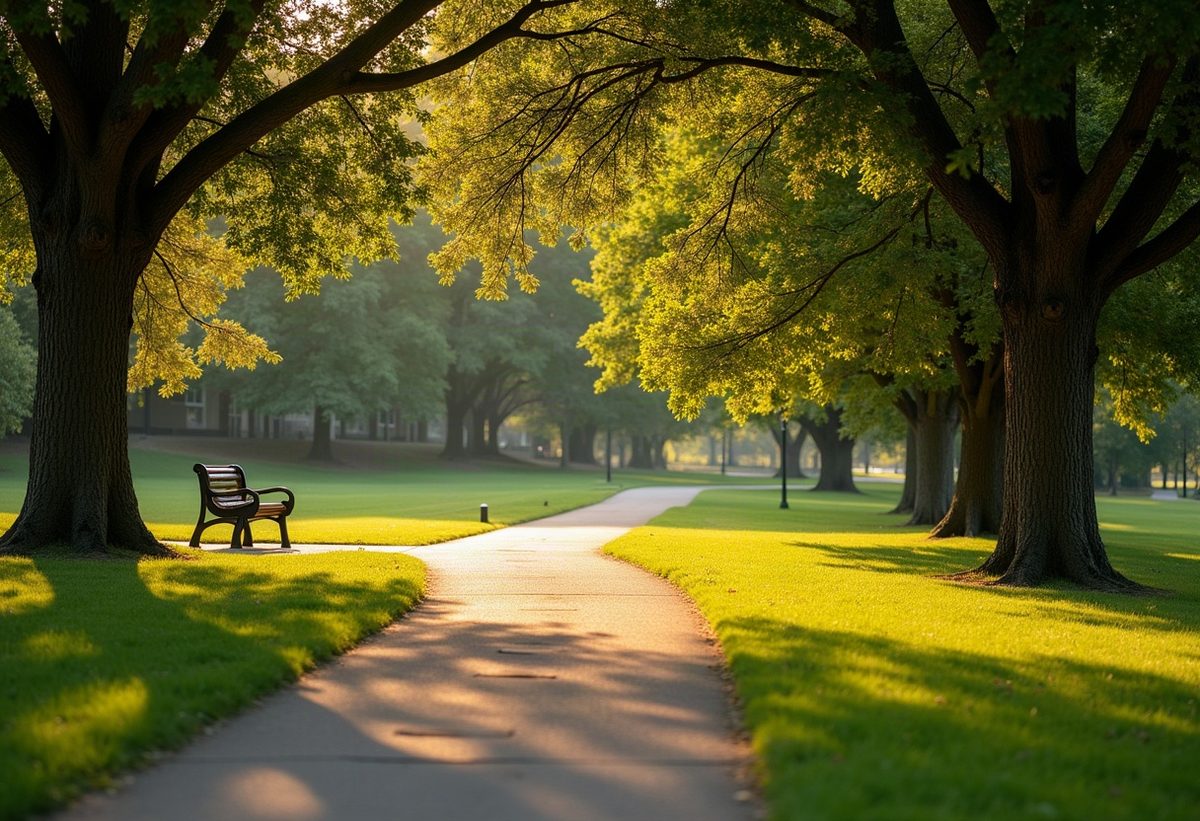 A quiet tree-lined park path in soft afternoon light