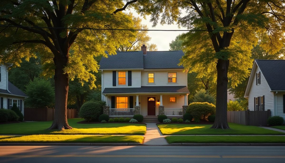A family home on a quiet tree-lined street in warm evening light
